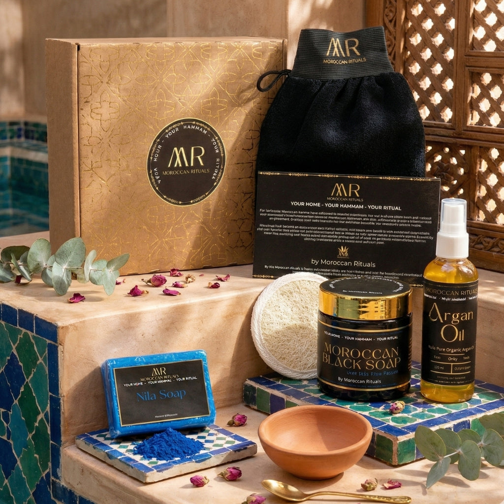 The Moroccan Hammam Ritual: 6-Piece Blue Nila Black Soap Spa Set