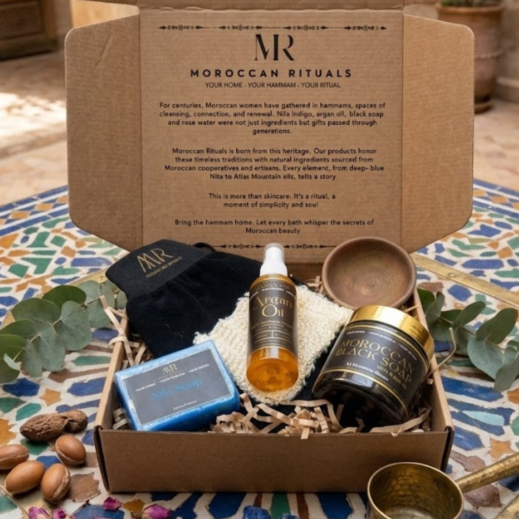 The Moroccan Hammam Ritual: 6-Piece Blue Nila Black Soap Spa Set