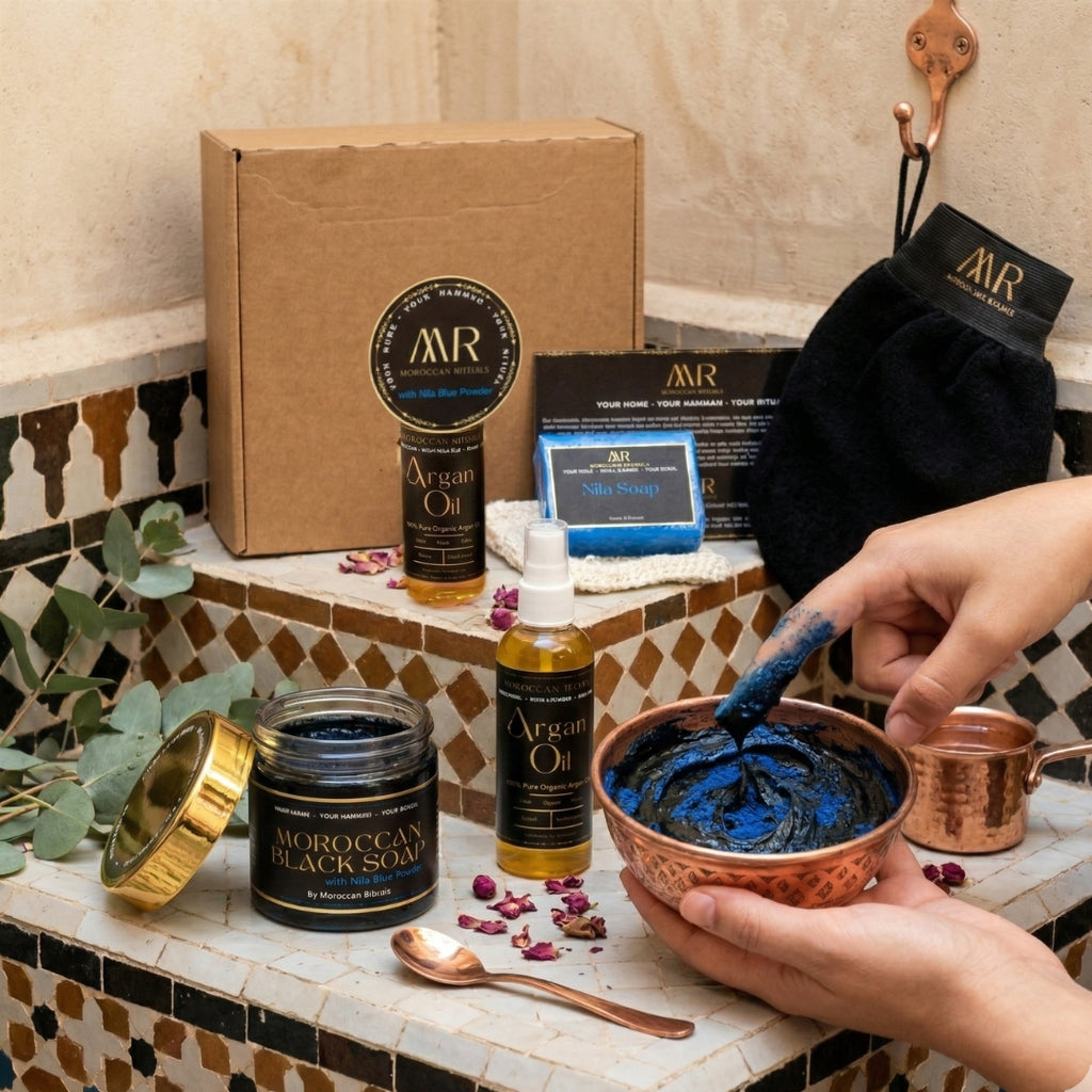 The Moroccan Hammam Ritual: 6-Piece Blue Nila Black Soap Spa Set